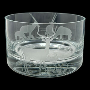 Perry Coyle Signed Etched Crystal Glass Wildlife Mountain Scene Bowl Centerpiece